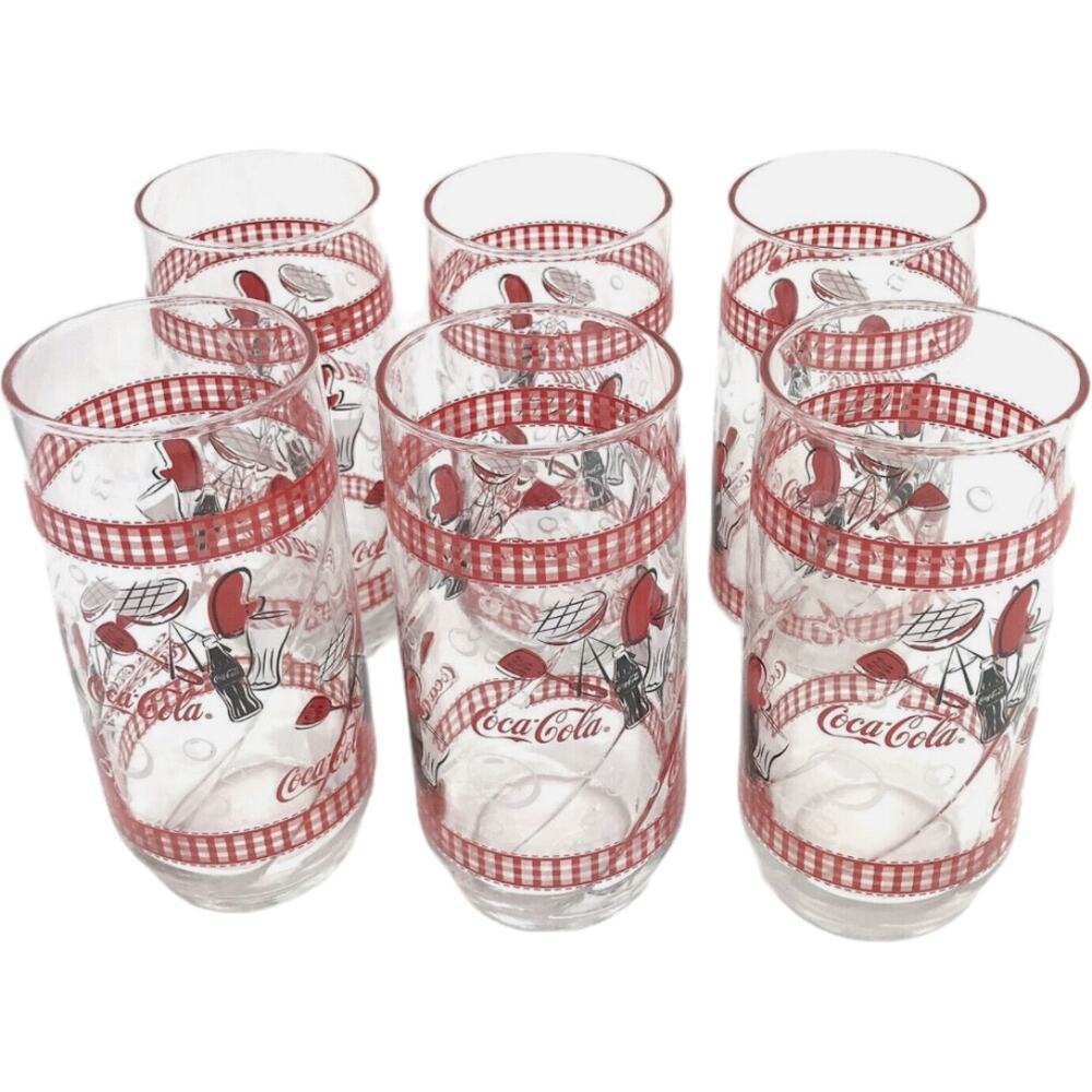 6 NEW VTG Libbey Coca-Cola Coke BBQ Picnic Barbecue Red Gingham Large Glasses